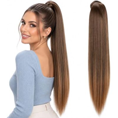 CAISHA Steil haarstukje, 60 cm, haarverlenging, gevlochten, met zelfklevende sluiting, bruin mix, HCK5 CAISHA Steil haarstukje, 60 cm, haarverlenging, gevlochten, met zelfklevende sluiting, bruin mix, HCK5