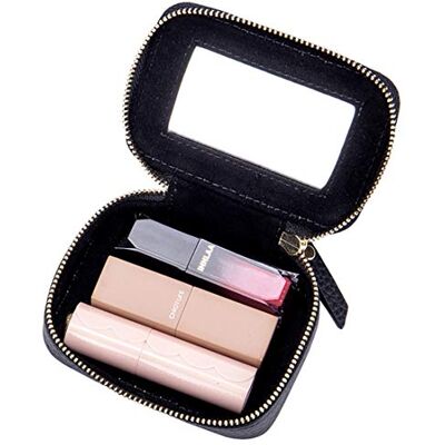 Aileder Mini lippenstiftetui met spiegel van echt leer, klein reistasje voor make-up, opbergset voor vrouwen en meisjes, zwart, S, make-uptas Aileder Mini lippenstiftetui met spiegel van echt leer, klein reistasje voor make-up, opbergset voor vrouwen en meisjes, zwart, S, make-uptas