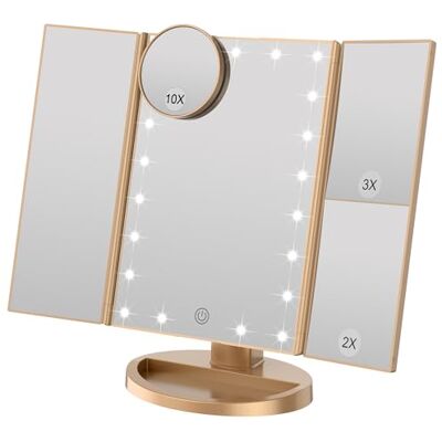 WEILY Verlichte make-up spiegel met 21 ledlampen, dubbele voeding 2X/3X led-vergroting (goud) WEILY Verlichte make-up spiegel met 21 ledlampen, dubbele voeding 2X/3X led-vergroting (goud)