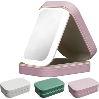 FAFOUR Geïntegreerde make-up opbergdoos met led-verlichte spiegel, oplaadbare draagtas, make-upspiegel met verstelbare verlichting, Roze FAFOUR Geïntegreerde make-up opbergdoos met led-verlichte spiegel, oplaadbare draagtas, make-upspiegel met verstelbare verlichting, Roze
