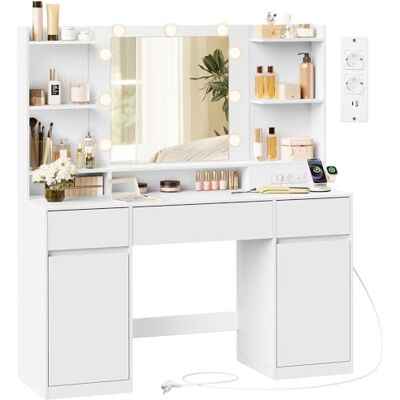 VASAGLE KAILYN Collection Make-uptafel met led-spiegel, stekkerdoos, 2 kasten, 9 lampen, sieradenopslag, verlichting 3 kleuren, installatie van de rails zonder gereedschap, wolkenwit RDT142WB02 VASAGLE KAILYN Collection Make-uptafel met led-spiegel, stekkerdoos, 2 kasten, 9 lampen, sieradenopslag, verlichting 3 kleuren, installatie van de rails zonder gereedschap, wolkenwit RDT142WB02