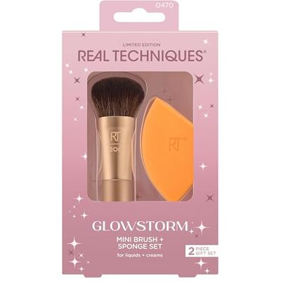 REAL TECHNIQUES Glowstorm Mini-borstel + spons, 2-delige set, gelimiteerde editie, geschenkdoos REAL TECHNIQUES Glowstorm Mini-borstel + spons, 2-delige set, gelimiteerde editie, geschenkdoos