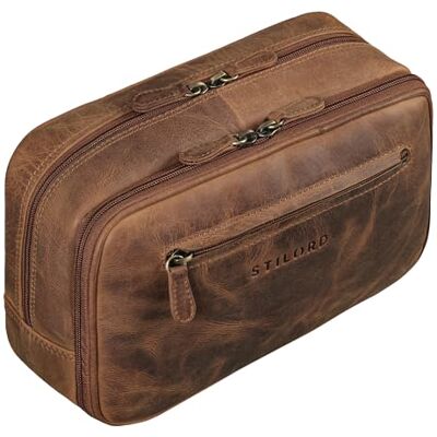 STILORD Vintage toilettas "Voyager" van echt leer voor dames en heren, toilettas voor reizen, make-up, cosmetica met polsband, Medium Bruin, Toilettas STILORD Vintage toilettas "Voyager" van echt leer voor dames en heren, toilettas voor reizen, make-up, cosmetica met polsband, Medium Bruin, Toilettas