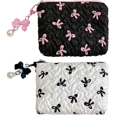 VOOSFSIE Set van 2 kleine make-uptassen voor handtas, schattige make-uptas met reliëfplooitextuur en strik, elegante toilettas voor dames, dagelijks gebruik VOOSFSIE Set van 2 kleine make-uptassen voor handtas, schattige make-uptas met reliëfplooitextuur en strik, elegante toilettas voor dames, dagelijks gebruik