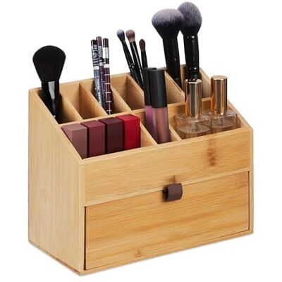 Relaxdays Make-uporganizer met lade, penseelhouder, bamboe, 19 x 25,5 x 12,5 cm (h x b x d), naturel Relaxdays Make-uporganizer met lade, penseelhouder, bamboe, 19 x 25,5 x 12,5 cm (h x b x d), naturel