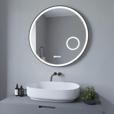 AQUABATOS ® Badkamerspiegel met ronde verlichting, mat zwart, 80 cm, led, klok, wandspiegel, badkamerspiegel, verlichte spiegel, dimbaar, touch-wandschakelaar, AQUABATOS ® Badkamerspiegel met ronde verlichting, mat zwart, 80 cm, led, klok, wandspiegel, badkamerspiegel, verlichte spiegel, dimbaar, touch-wandschakelaar,