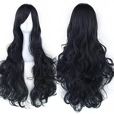 IMISSU 80 cm lange cosplay pruik van echt haar, krullend, met kleurrijke pony, Halloween, kostuum, party, pruiken voor vrouwen (zwart) IMISSU 80 cm lange cosplay pruik van echt haar, krullend, met kleurrijke pony, Halloween, kostuum, party, pruiken voor vrouwen (zwart)