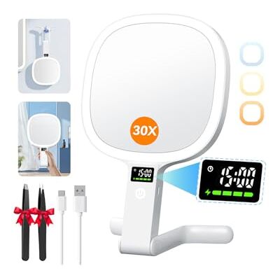 Auxmir Dubbelzijdige vergrotingsspiegel, 1X/30X, led-display en dubbele bediening, make-upspiegel met vergroting van 2500 mAh, 3 kleuren, verlichting, led-spiegel met pincet voor reizen, kantoor, slaapkamer Auxmir Dubbelzijdige vergrotingsspiegel, 1X/30X, led-display en dubbele bediening, make-upspiegel met vergroting van 2500 mAh, 3 kleuren, verlichting, led-spiegel met pincet voor reizen, kantoor, slaapkamer