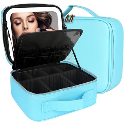 MOMIRA Reis make-up tasje cosmetische tas make-up organisator tas met verlichte spiegel, instelbare helderheid in 3 kleurenscenario's, waterdichte make-up trein Geval Diamant Blauw MOMIRA Reis make-up tasje cosmetische tas make-up organisator tas met verlichte spiegel, instelbare helderheid in 3 kleurenscenario's, waterdichte make-up trein Geval Diamant Blauw