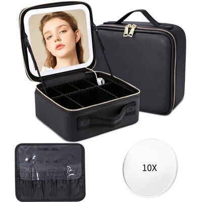 LEAZZLE Make-uptas met led-spiegel, 3 verlichtingsmodi, toilettas met vergrootglas, 10 x make-up, opbergkoffer, verstelbare scheidingswanden, make-up organizer voor dames, zwart LEAZZLE Make-uptas met led-spiegel, 3 verlichtingsmodi, toilettas met vergrootglas, 10 x make-up, opbergkoffer, verstelbare scheidingswanden, make-up organizer voor dames, zwart