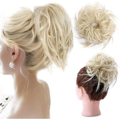 S-noilite XXL Haarstukje van rubber, haarelastiek, volumineus, krullend of rommelig knot, clip-in extensions, natuurlijk haar, gebleekt blond S-noilite XXL Haarstukje van rubber, haarelastiek, volumineus, krullend of rommelig knot, clip-in extensions, natuurlijk haar, gebleekt blond