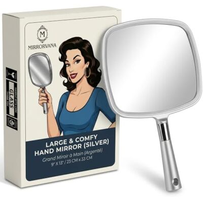 Mirrorvana Grote comfortabele handspiegel met handvat, zakspiegel voor kapsalons, tandartspraktijken, kapsels en make-up thuis, zilver Mirrorvana Grote comfortabele handspiegel met handvat, zakspiegel voor kapsalons, tandartspraktijken, kapsels en make-up thuis, zilver