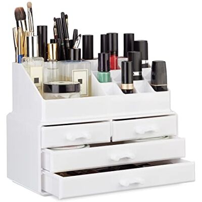 Relaxdays Make-up organizer klein, 2-delige make-up opberger acryl, met lippenstifthouder en 4 laden, wit, 19 x 24 x 13,5 cm Relaxdays Make-up organizer klein, 2-delige make-up opberger acryl, met lippenstifthouder en 4 laden, wit, 19 x 24 x 13,5 cm