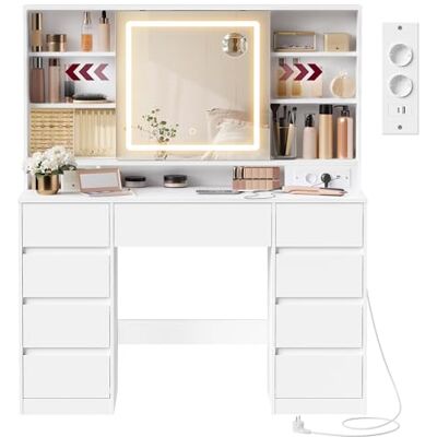 VASAGLE Kailyn Collection RDT137W01 Make-uptafel met led-spiegel, multifunctioneel, 9 laden, 10 x vergrootglas, 3 kleuren, montage zonder gereedschap, wolkenwit VASAGLE Kailyn Collection RDT137W01 Make-uptafel met led-spiegel, multifunctioneel, 9 laden, 10 x vergrootglas, 3 kleuren, montage zonder gereedschap, wolkenwit