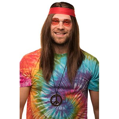 Balinco Hippieset met pruik + ronde zonnebril + vredeshanger + rode haarband voor mannen en vrouwen jaren 70 carnaval Balinco Hippieset met pruik + ronde zonnebril + vredeshanger + rode haarband voor mannen en vrouwen jaren 70 carnaval