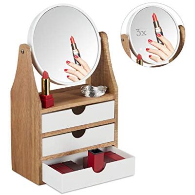 Relaxdays Make-upset, 3 laden, voor kaptafel en kaptafel, vergrotende spiegel, 34 x 19 x 10,5 cm, natuur/wit Relaxdays Make-upset, 3 laden, voor kaptafel en kaptafel, vergrotende spiegel, 34 x 19 x 10,5 cm, natuur/wit