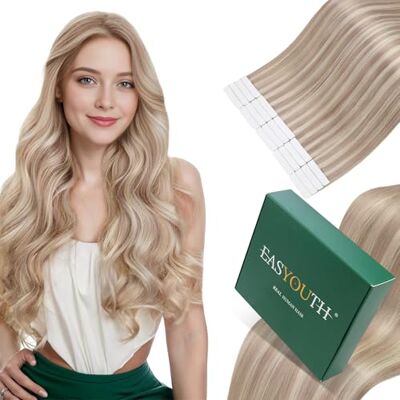 Easyouth Schaduw Tape-in extensies, echt haar, bruin, 40 g, 20 stuks, donkerblond met lichtblond, echt haar, #18P24 Easyouth Schaduw Tape-in extensies, echt haar, bruin, 40 g, 20 stuks, donkerblond met lichtblond, echt haar, #18P24