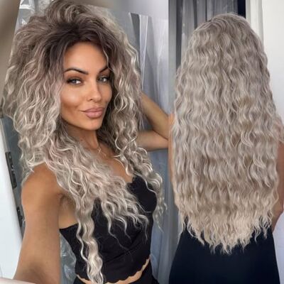 GNIMEGIL Ombre grijze golvende pruik, 66 cm, dames, dagelijks gebruik, party, Halloween, cosplay, met haarspelden GNIMEGIL Ombre grijze golvende pruik, 66 cm, dames, dagelijks gebruik, party, Halloween, cosplay, met haarspelden