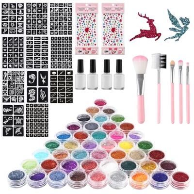 HAOYULUO Flash-tatoeageset voor kinderen, 48 glitterpailletten, 220 sjablonen, 4 penselen, 4 stickers, cadeau voor meisjes HAOYULUO Flash-tatoeageset voor kinderen, 48 glitterpailletten, 220 sjablonen, 4 penselen, 4 stickers, cadeau voor meisjes