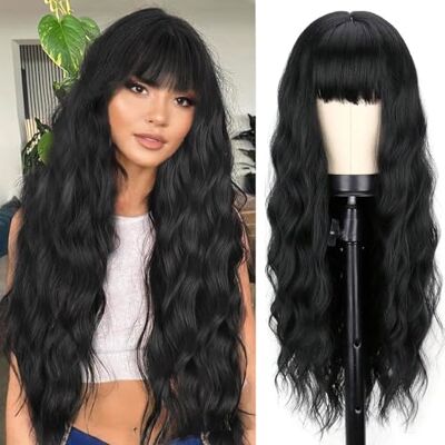 YEESHEDO Lange Zwarte Pruiken voor Vrouwen Natuurlijke Krullend Golvend Synthetisch Haar Pruik met Pony voor Meisjes Cosplay Feest of Dagelijks Gebruik YEESHEDO Lange Zwarte Pruiken voor Vrouwen Natuurlijke Krullend Golvend Synthetisch Haar Pruik met Pony voor Meisjes Cosplay Feest of Dagelijks Gebruik