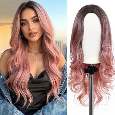 Esmee Roze pruik, 61 cm, hittebestendige synthetische pruik met lang, golvend, natuurlijk haar voor dames (zonder pony) Esmee Roze pruik, 61 cm, hittebestendige synthetische pruik met lang, golvend, natuurlijk haar voor dames (zonder pony)