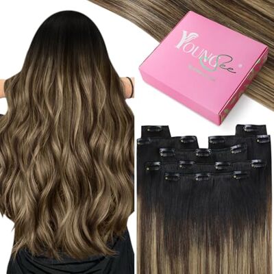 YoungSee Clip-In Extensions, 30,5 cm, echt haar, zwart tot donkerbruin met blonde, 7 stuks, 70 g YoungSee Clip-In Extensions, 30,5 cm, echt haar, zwart tot donkerbruin met blonde, 7 stuks, 70 g