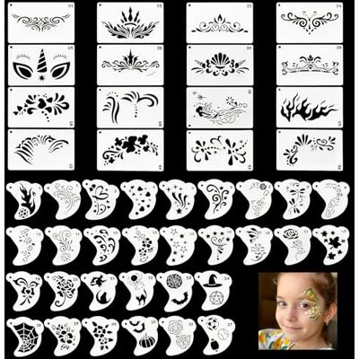 Zhixan Set van 46 herbruikbare sjablonen voor kinderen, make-upsjablonen voor gezicht, flexibele PET-sjablonen voor gezichtsschilderen, carnaval, Halloween, make-up party Zhixan Set van 46 herbruikbare sjablonen voor kinderen, make-upsjablonen voor gezicht, flexibele PET-sjablonen voor gezichtsschilderen, carnaval, Halloween, make-up party