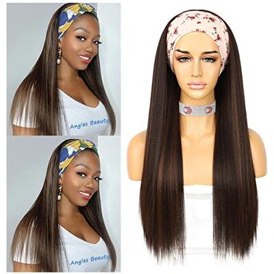Sapphirewigs Pruik met haarband voor dames, steil haar, bruin, synthetisch, lijmloos, lichte Yaki, hittebestendig, 66 cm Sapphirewigs Pruik met haarband voor dames, steil haar, bruin, synthetisch, lijmloos, lichte Yaki, hittebestendig, 66 cm