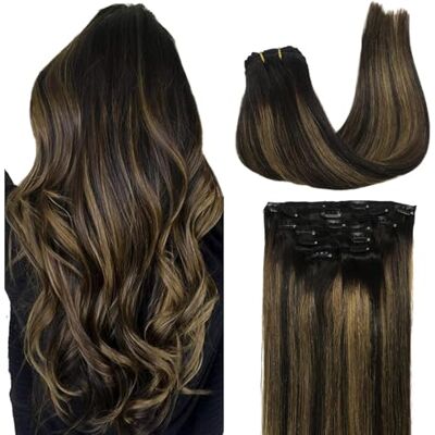 GOO GOO Clip-in haarextensies, met echt haar, golvend, 45 cm, 120 g, 7 stuks, balayage zwart en bruin, gemengd, golvend GOO GOO Clip-in haarextensies, met echt haar, golvend, 45 cm, 120 g, 7 stuks, balayage zwart en bruin, gemengd, golvend