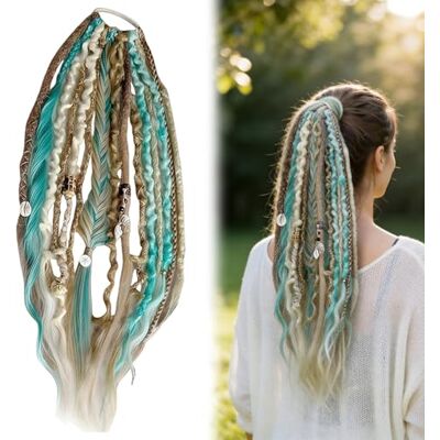 Zueyen Paardenstaart-extensions voor dreadlocks, 55 cm, met elastische band, bohemian stijl, handgemaakt, met parels en schelpen, voor mannen en vrouwen, lichtgroen Zueyen Paardenstaart-extensions voor dreadlocks, 55 cm, met elastische band, bohemian stijl, handgemaakt, met parels en schelpen, voor mannen en vrouwen, lichtgroen