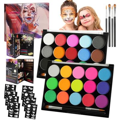 URAQT 2 stuks make-upset voor kinderen, 1 uv-lichaamsverf en 1 palet met 15 kleuren, 2 professionele penselen, 8 tattoo-sjablonen, voor kinderen en volwassenen URAQT 2 stuks make-upset voor kinderen, 1 uv-lichaamsverf en 1 palet met 15 kleuren, 2 professionele penselen, 8 tattoo-sjablonen, voor kinderen en volwassenen