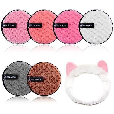 Asfacuputure 6 stuks wasbare microvezel make-up remover pads met haarband, herbruikbaar, voor gezichtsreiniging en huidverzorging Asfacuputure 6 stuks wasbare microvezel make-up remover pads met haarband, herbruikbaar, voor gezichtsreiniging en huidverzorging