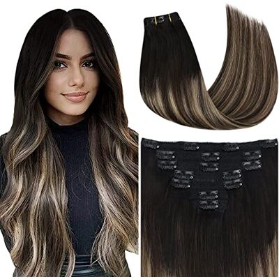 YoungSee Clip-on haarverlenging, echt haar, extensions, bruin, 30,5 cm, veer, zwart tot donkerbruin, met karamelblond, clip-on extensies, echt haar, 7 stuks, 120 g YoungSee Clip-on haarverlenging, echt haar, extensions, bruin, 30,5 cm, veer, zwart tot donkerbruin, met karamelblond, clip-on extensies, echt haar, 7 stuks, 120 g