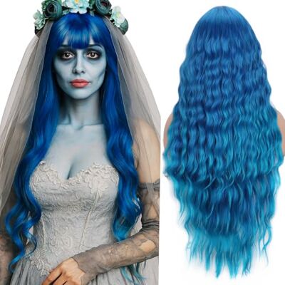 YEESHEDO Lange blauwe pruik voor vrouwen, synthetisch haar, krullend en golvend kunsthaar, met pony, voor Halloween kostuums (76,2 cm, gemengd blauw) YEESHEDO Lange blauwe pruik voor vrouwen, synthetisch haar, krullend en golvend kunsthaar, met pony, voor Halloween kostuums (76,2 cm, gemengd blauw)