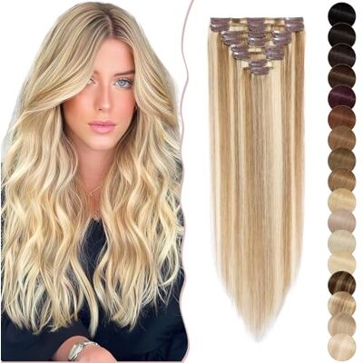 SEGO Clip-in extensies, 14 inch (35 cm), 8 stuks, 18 clips, #12/613, bruin/witblond, 100% Remy echt haar, glad, voor dames (60 g) SEGO Clip-in extensies, 14 inch (35 cm), 8 stuks, 18 clips, #12/613, bruin/witblond, 100% Remy echt haar, glad, voor dames (60 g)