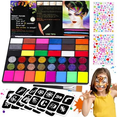 Gigmeta Make-upset voor kinderen, 42 gezichtskleuren voor kinderen met professionele penselen, 4 sjablonen, 2 diamantstickers, ideaal voor Halloween, theater en schilderen Gigmeta Make-upset voor kinderen, 42 gezichtskleuren voor kinderen met professionele penselen, 4 sjablonen, 2 diamantstickers, ideaal voor Halloween, theater en schilderen