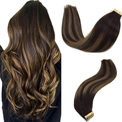 GOO GOO Set van 20 tape-in extensies van echt haar, 45 cm, 50 g, balayage 2/6/2, donkerbruin GOO GOO Set van 20 tape-in extensies van echt haar, 45 cm, 50 g, balayage 2/6/2, donkerbruin