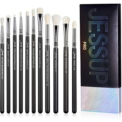 Jessup Set van 11 oogschaduwkwasten, professionele oogmake-up, onmisbaar voor oogmake-up, zwart en zilver, T340 Jessup Set van 11 oogschaduwkwasten, professionele oogmake-up, onmisbaar voor oogmake-up, zwart en zilver, T340