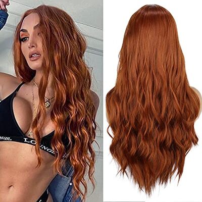 PORSMEER Lange golvende kastanjebruine pruik voor dames, gember natuurlijk krullend haar, middenscheiding, Braziliaans synthetisch, hittebestendig, voor cosplay, party, Halloween, dagelijks gebruik PORSMEER Lange golvende kastanjebruine pruik voor dames, gember natuurlijk krullend haar, middenscheiding, Braziliaans synthetisch, hittebestendig, voor cosplay, party, Halloween, dagelijks gebruik