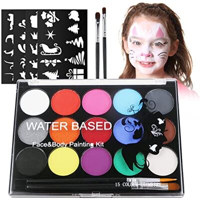 URAQT Gezichtsschilderset, 15 kleuren palet met 2 penselen, 32 sjablonen, wasbare gezichtsverf, veilige verf voor volwassenen en kinderen, Halloween, party, carnaval, niet-giftige make-upverf te URAQT Gezichtsschilderset, 15 kleuren palet met 2 penselen, 32 sjablonen, wasbare gezichtsverf, veilige verf voor volwassenen en kinderen, Halloween, party, carnaval, niet-giftige make-upverf te