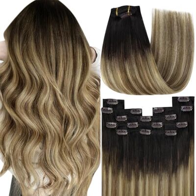 YoungSee Haarextensions, echt haar, clip, natuurlijk haar, haarverlenging, clip, bruin, middelbruin, met blond, 7 stuks, 30 cm YoungSee Haarextensions, echt haar, clip, natuurlijk haar, haarverlenging, clip, bruin, middelbruin, met blond, 7 stuks, 30 cm