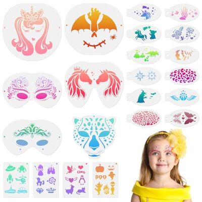 URAQT 22 stuks herbruikbare gezichtsschildersjablonen, tijdelijke tattoo-sjablonen voor kinderen, gezichtsschildersjablonen voor feest, Kerstmis, Halloween, carnaval, H URAQT 22 stuks herbruikbare gezichtsschildersjablonen, tijdelijke tattoo-sjablonen voor kinderen, gezichtsschildersjablonen voor feest, Kerstmis, Halloween, carnaval, H