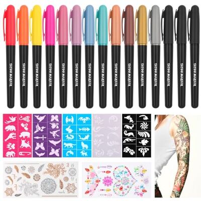Withosent 15 stuks tattoo-pennen voor kinderen, 15 stuks huidtattoo-pennen, glittertattoo-set met 50 tatoeages, huidvriendelijke stickers, sjablonen, tattoopen voor Withosent 15 stuks tattoo-pennen voor kinderen, 15 stuks huidtattoo-pennen, glittertattoo-set met 50 tatoeages, huidvriendelijke stickers, sjablonen, tattoopen voor