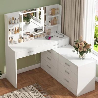 TEENFON Make-uptafel met verlichte spiegel en stopcontact, 3 kleurmodi en instelbare helderheid, kaptafel met 8 laden en 6 planken, L-vormige verandering, wit TEENFON Make-uptafel met verlichte spiegel en stopcontact, 3 kleurmodi en instelbare helderheid, kaptafel met 8 laden en 6 planken, L-vormige verandering, wit