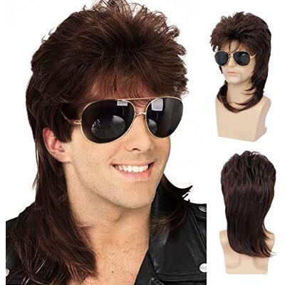 Qnbiar Pruik voor heren, bruin, krullend, jaren '70 cosplay, kostuum, Halloween, retro, disco, punk, rocker, pruiken Qnbiar Pruik voor heren, bruin, krullend, jaren '70 cosplay, kostuum, Halloween, retro, disco, punk, rocker, pruiken