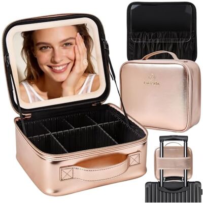 DaizySight Make-uptas voor op reis met afneembare led-spiegel, roségoud Vanity Professionele make-upkoffer, grote capaciteit, make-up-organizer met verstelbaar vak DaizySight Make-uptas voor op reis met afneembare led-spiegel, roségoud Vanity Professionele make-upkoffer, grote capaciteit, make-up-organizer met verstelbaar vak