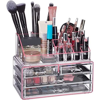 Relaxdays Make-up organizer acryl, 2-delige make-up bewaardoos met lippenstifthouder en 4 laden, transparant/roze Relaxdays Make-up organizer acryl, 2-delige make-up bewaardoos met lippenstifthouder en 4 laden, transparant/roze