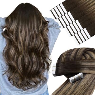 YoungSee Extensions van echt haar, zelfklevend, mat, 30 cm, echt haar, Remy-haar, donkerbruin, gemengd, met karamelblond, zelfklevend, echt haar, kan gekruld worden, 20 stuks YoungSee Extensions van echt haar, zelfklevend, mat, 30 cm, echt haar, Remy-haar, donkerbruin, gemengd, met karamelblond, zelfklevend, echt haar, kan gekruld worden, 20 stuks