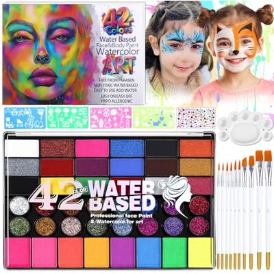 Kixolo Make-upset voor kinderen, 42 kleuren, met 10 penselen, 4 tattoo-sjablonen en glittersteenstickers, lichaamsverf, gezichtsverf, voor Halloween, carnaval Kixolo Make-upset voor kinderen, 42 kleuren, met 10 penselen, 4 tattoo-sjablonen en glittersteenstickers, lichaamsverf, gezichtsverf, voor Halloween, carnaval