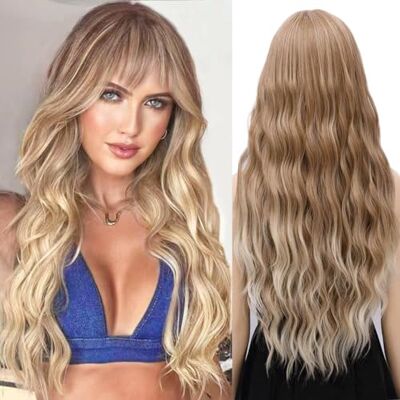 YEESHEDO Dames pruik, Lang, krullend, Ombre bruin blond, Natuurlijke synthetische pruik, met pony, cosplay, feest of dagelijks gebruik, 76 cm YEESHEDO Dames pruik, Lang, krullend, Ombre bruin blond, Natuurlijke synthetische pruik, met pony, cosplay, feest of dagelijks gebruik, 76 cm